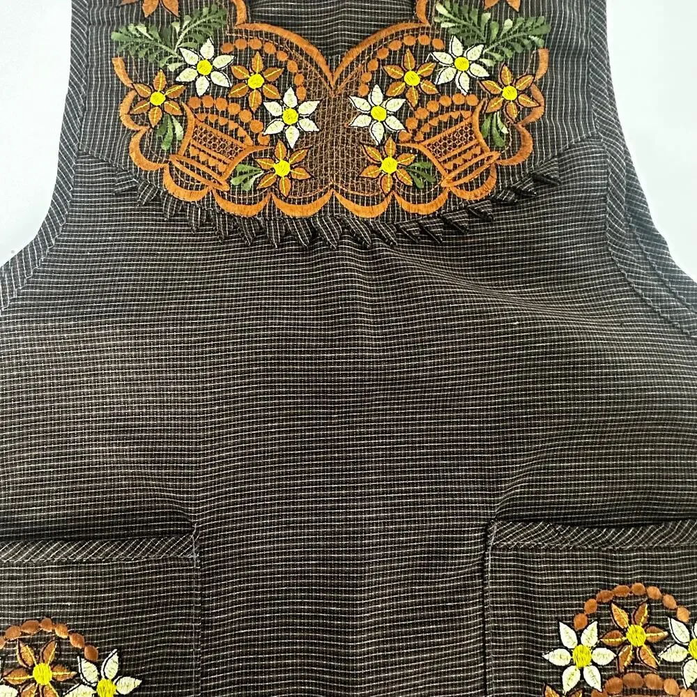 Brown Mexican Embroidered Smock Apron – Floral Traditional Design